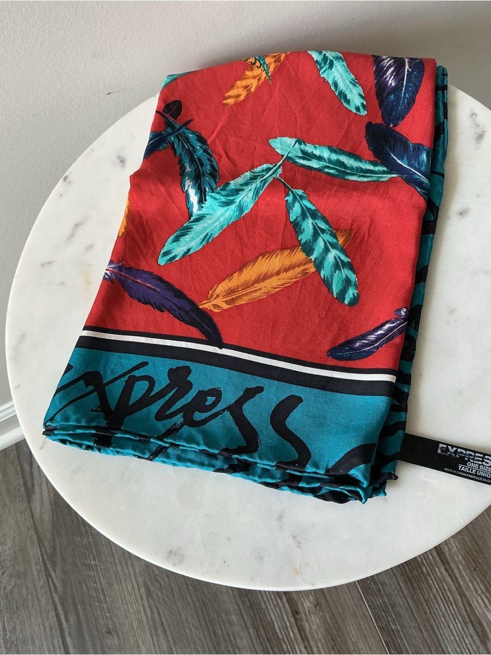 Express Teal and Red 100% Silk Scarf Feather Print Square One Size